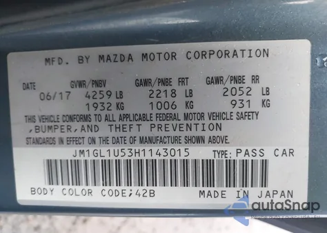 2017 Mazda Mazda6 Sport из США, поврежденный, VIN JM1GL1U53H1143015